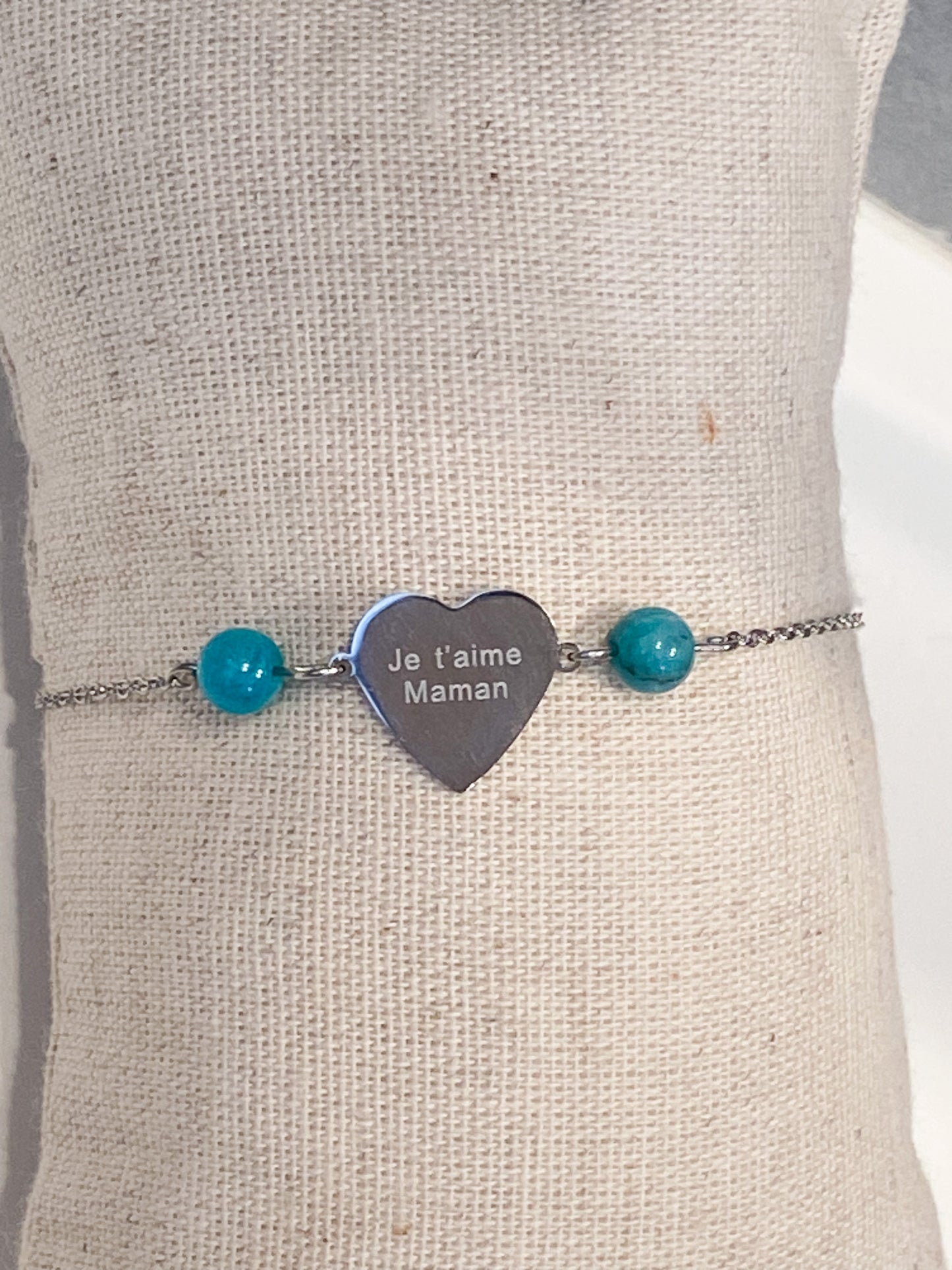 Bracelet coeur Je t'aime maman en acier inoxydable avec pierres naturelles Amazonite
