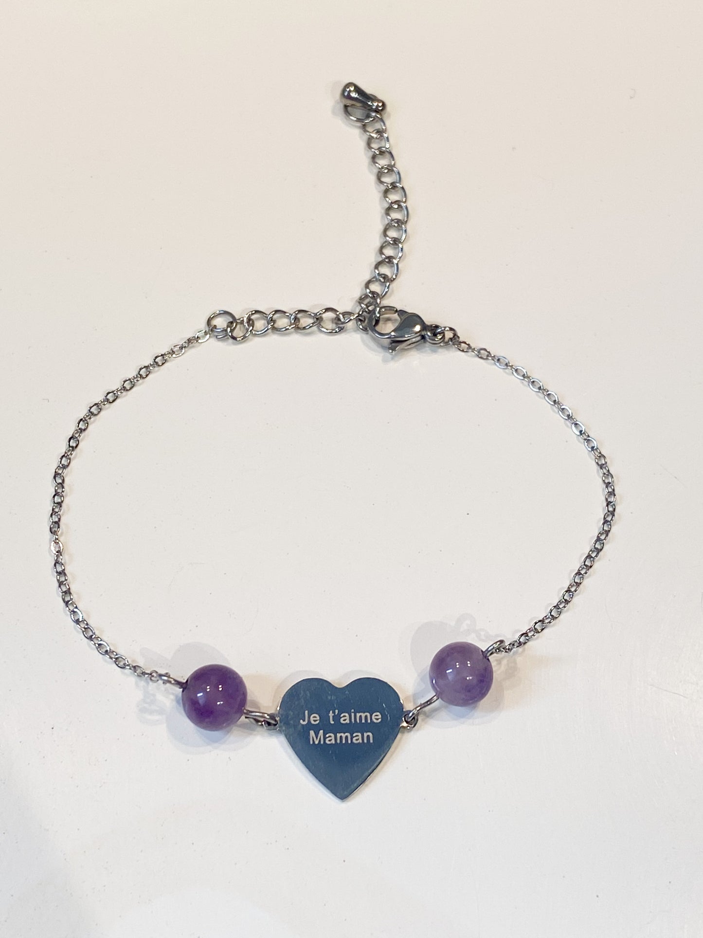 Bracelet en Améthyste " Je t'aime maman " en acier inoxydable