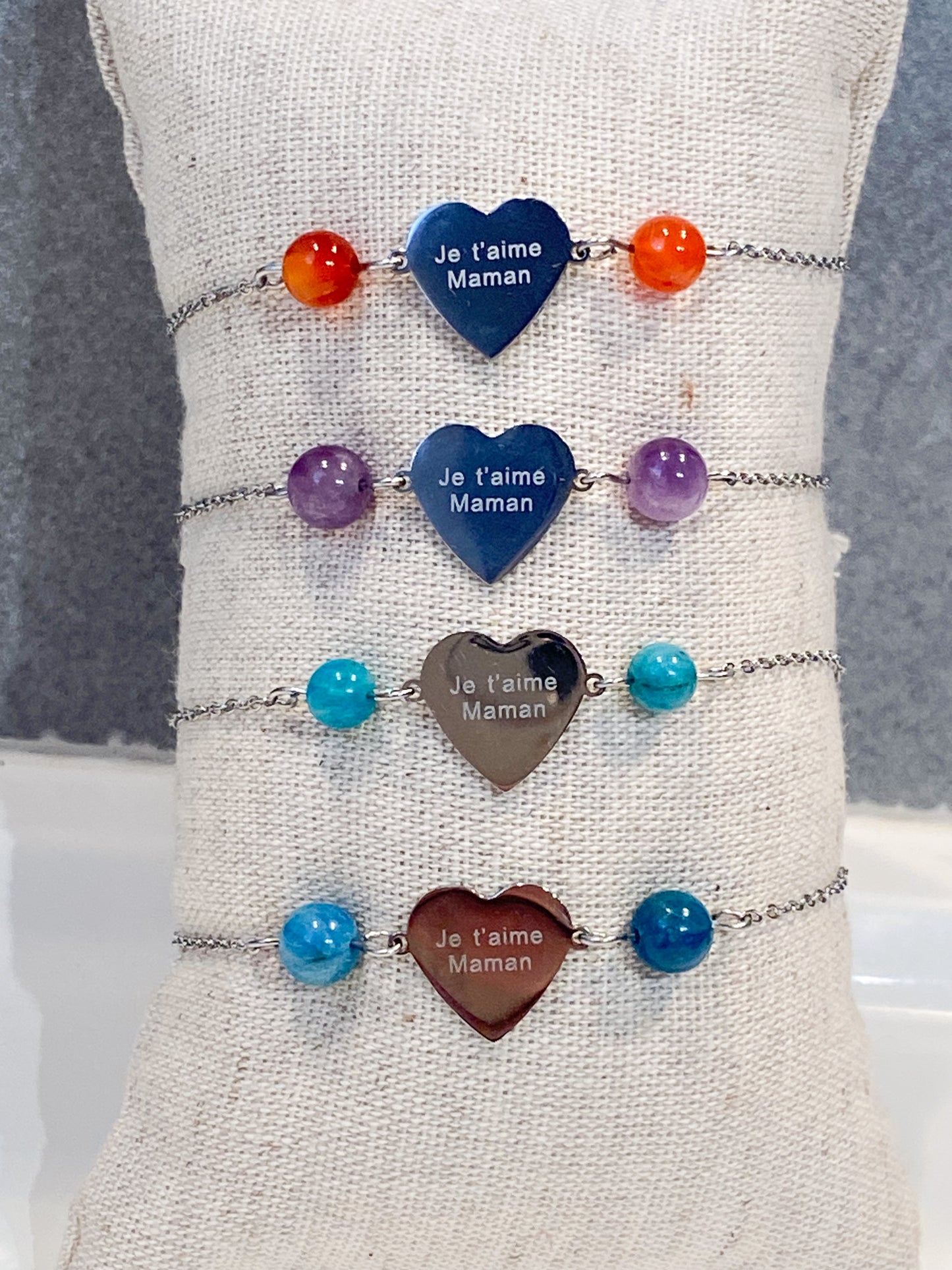 Bracelet coeur Je t'aime maman en acier inoxydable avec pierres naturelles Amazonite
