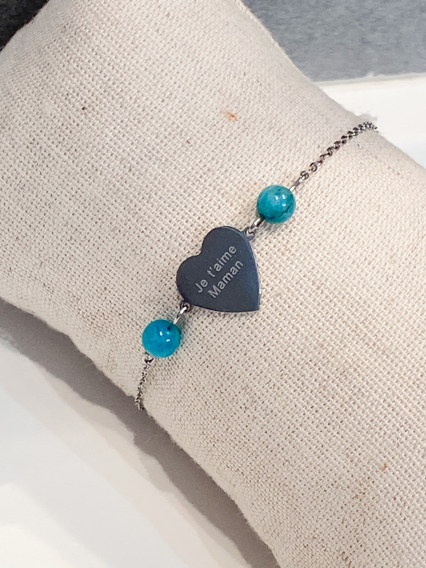 Bracelet coeur Je t'aime maman en acier inoxydable avec pierres naturelles Amazonite