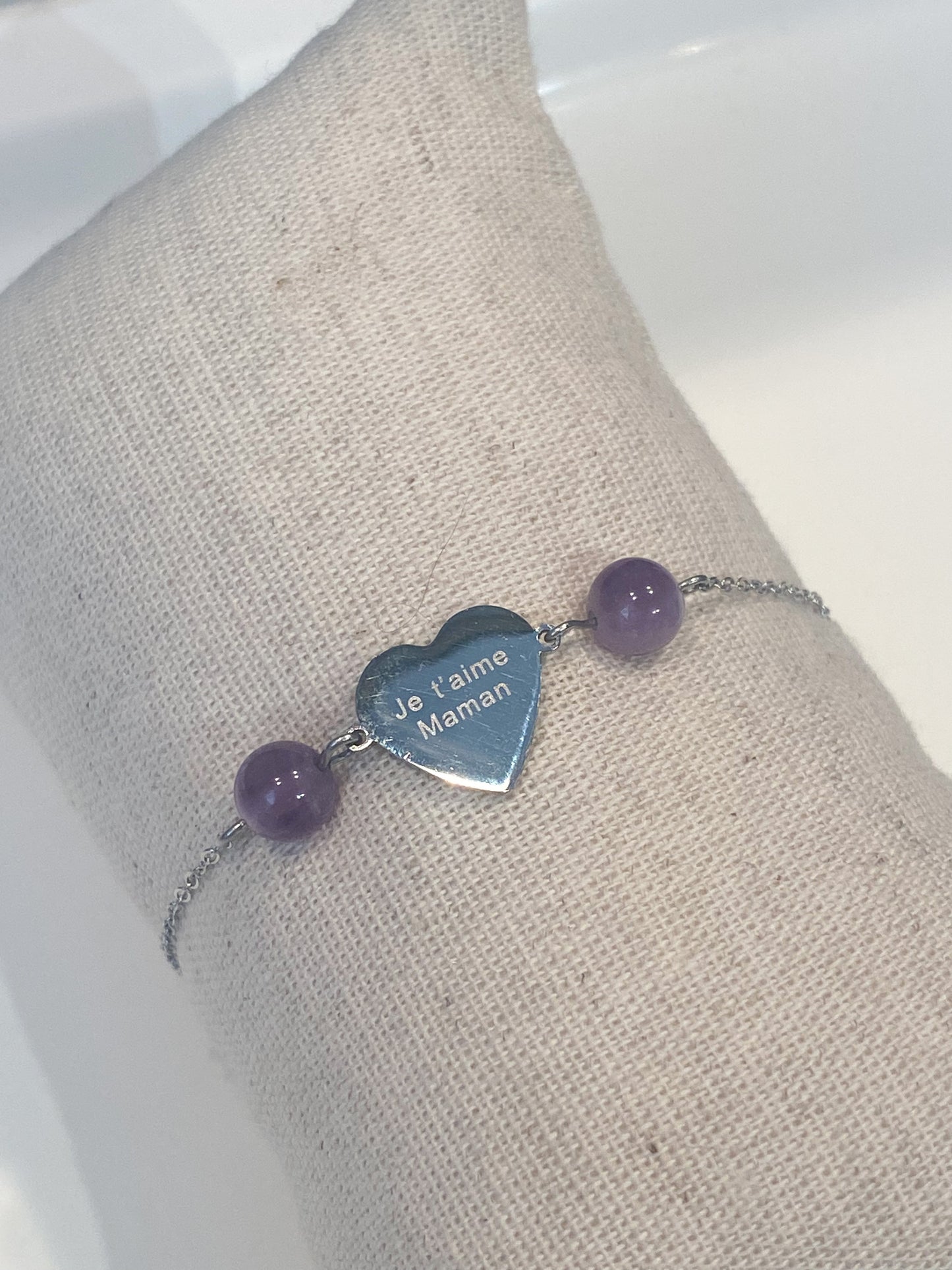 Bracelet en Améthyste " Je t'aime maman " en acier inoxydable
