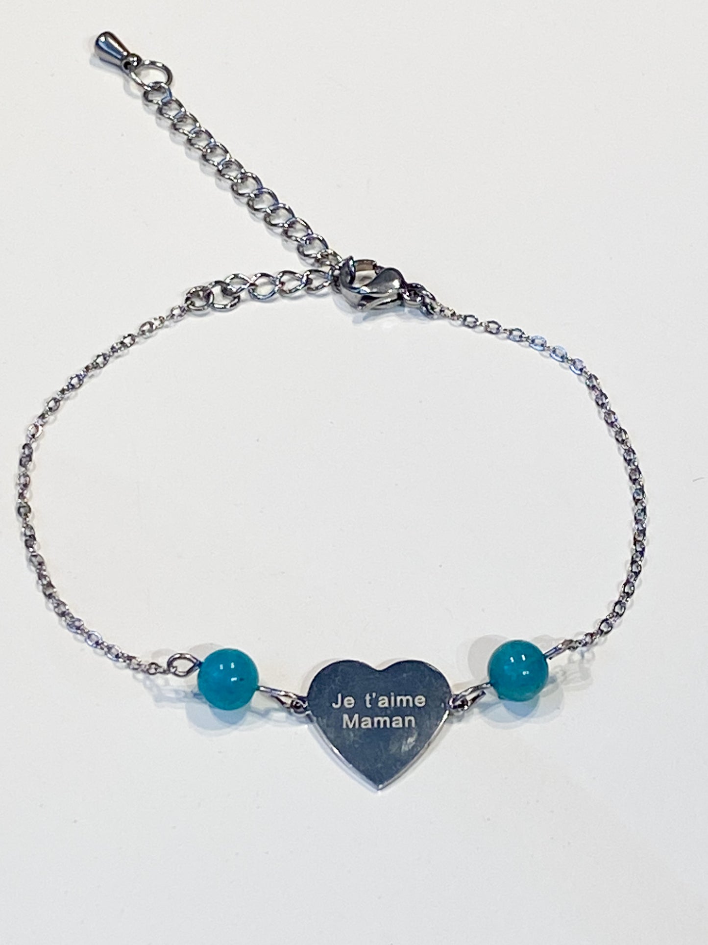 Bracelet coeur Je t'aime maman en acier inoxydable avec pierres naturelles Amazonite