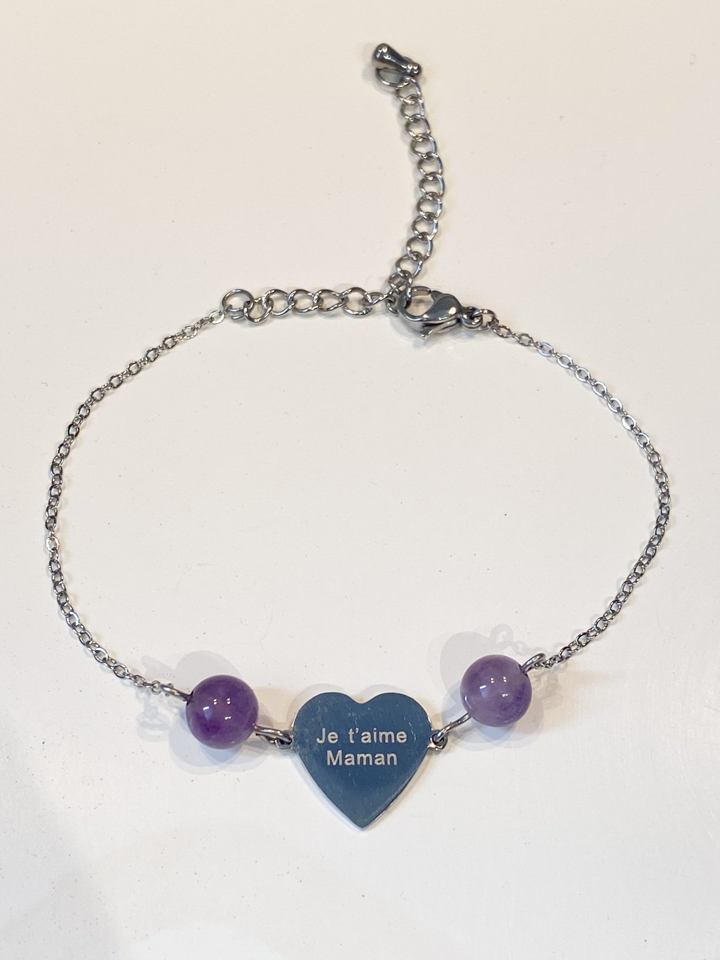 Bracelet en Améthyste " Je t'aime maman " en acier inoxydable