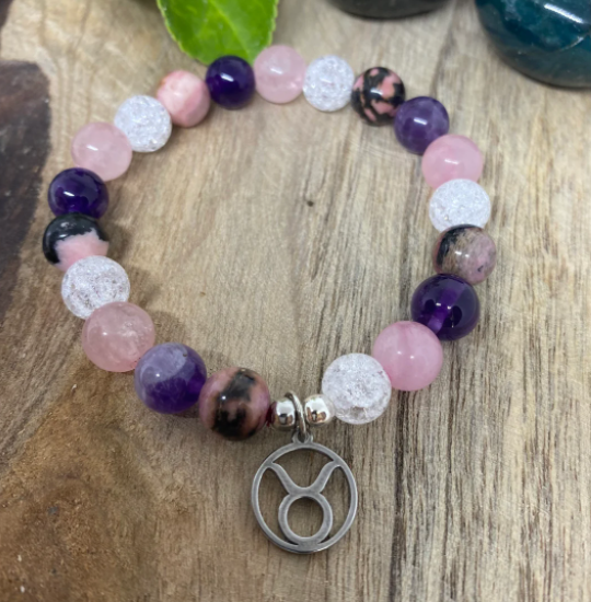 Bracelet élastique en pierres naturelles Améthyste, Quartz Rose, Cristal de Roche et Rhodonite " Spécial Taureau "