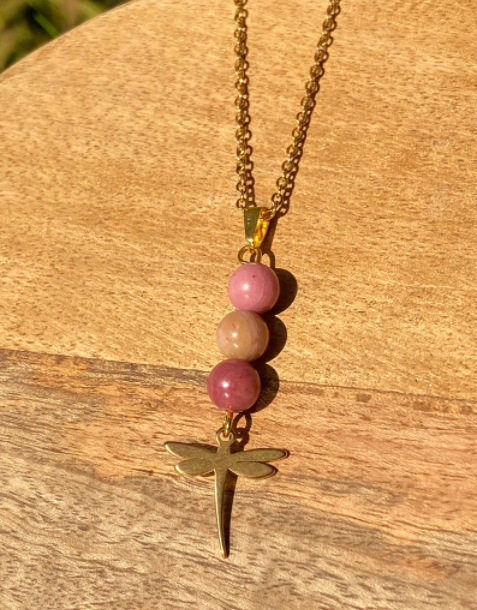 Collier libellule en acier inoxydable en pierres naturelles Rhodochrosite