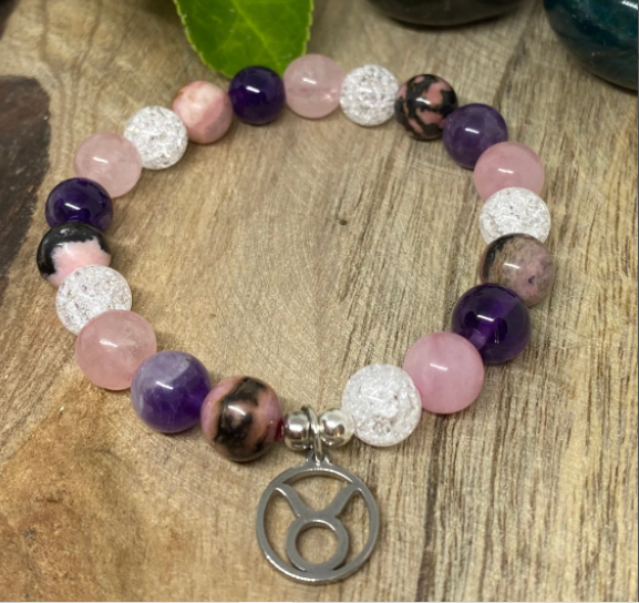 Bracelet élastique en pierres naturelles Améthyste, Quartz Rose, Cristal de Roche et Rhodonite " Spécial Taureau "