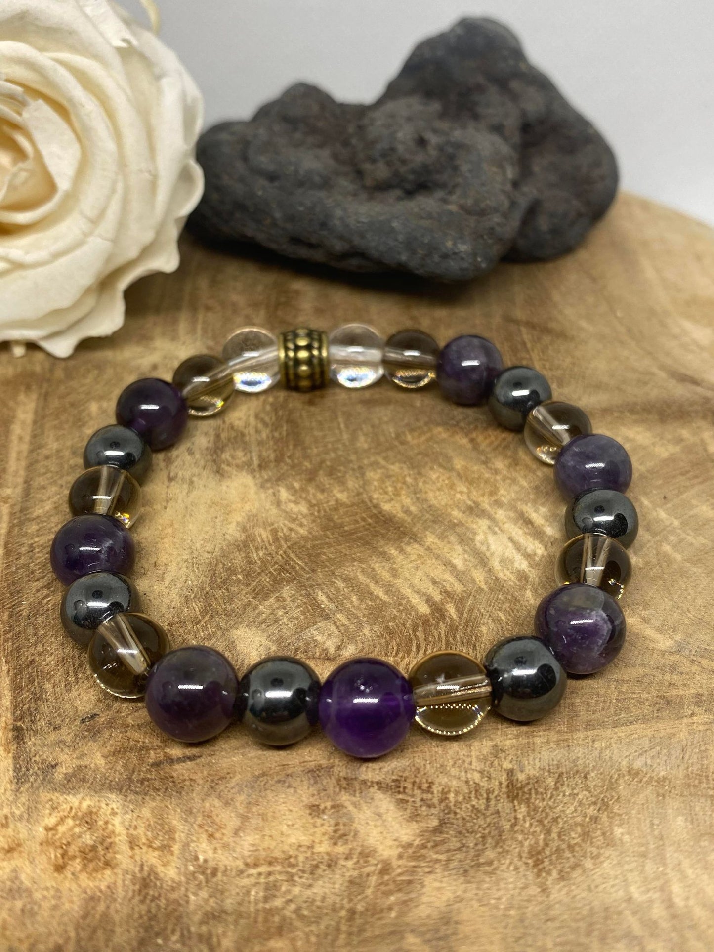 Bracelet pierres naturelles Améthyste , Quartz fumé , Hématite et Cristal de roche
