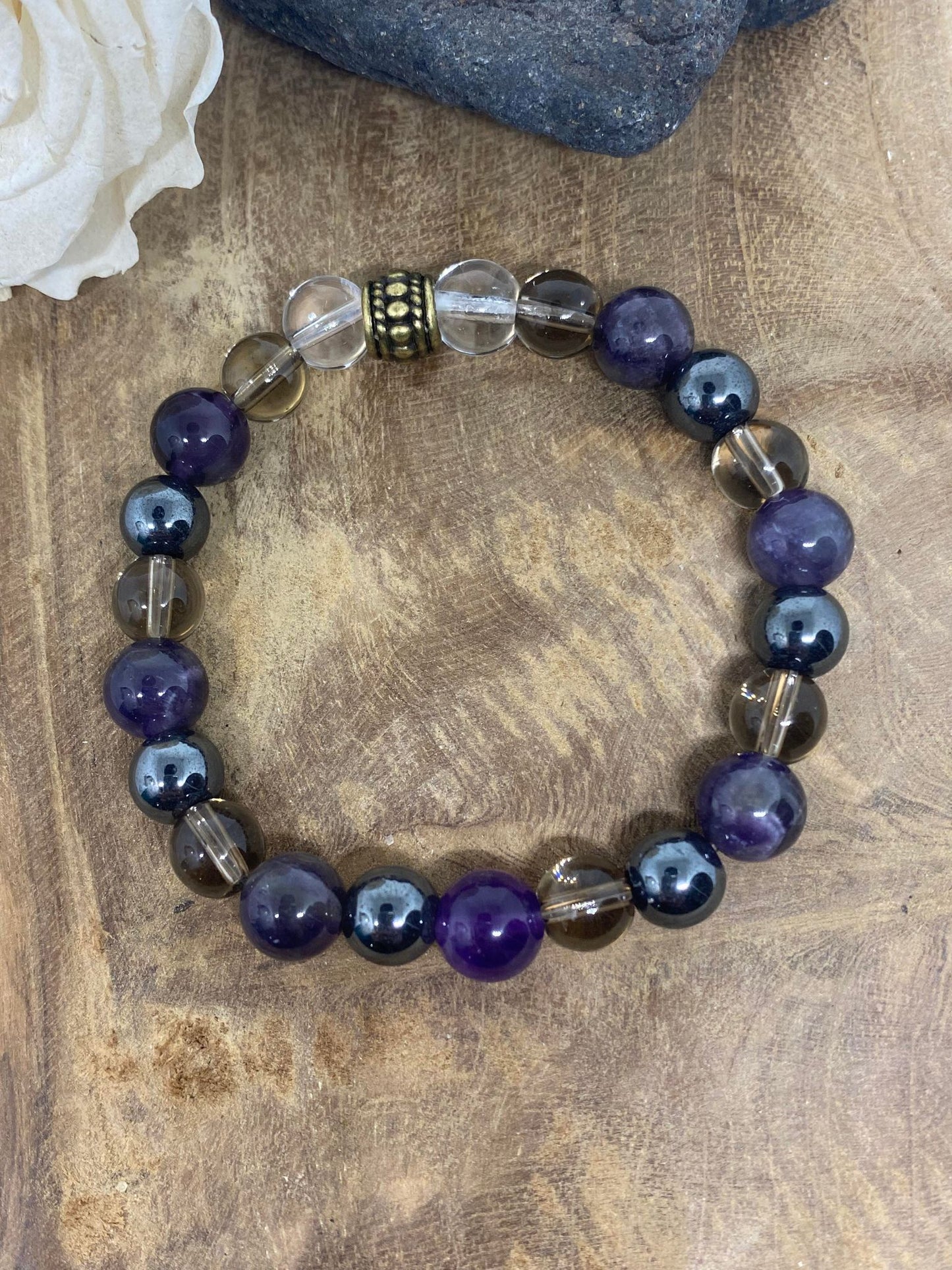 Bracelet pierres naturelles Améthyste , Quartz fumé , Hématite et Cristal de roche