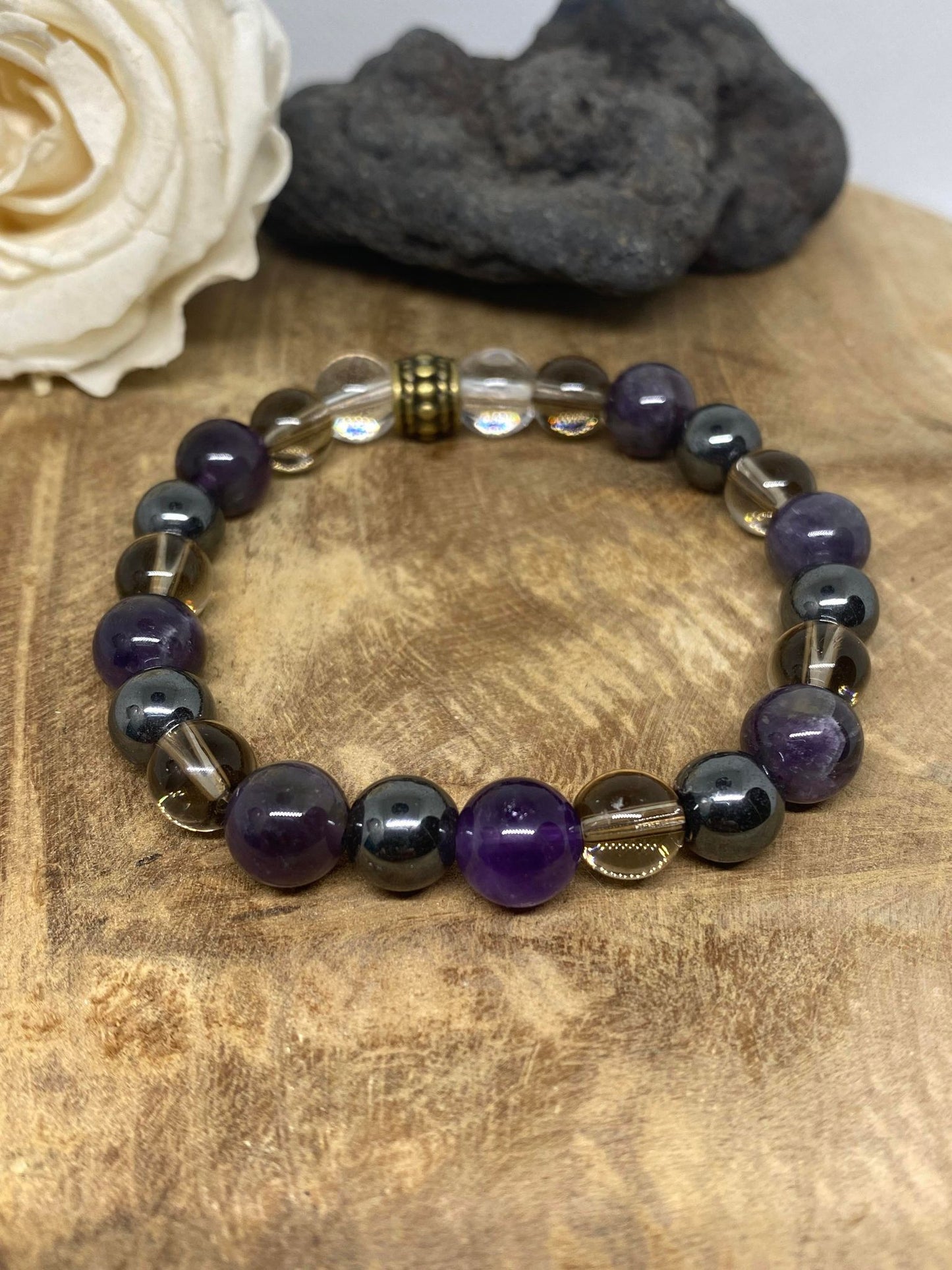 Bracelet pierres naturelles Améthyste , Quartz fumé , Hématite et Cristal de roche