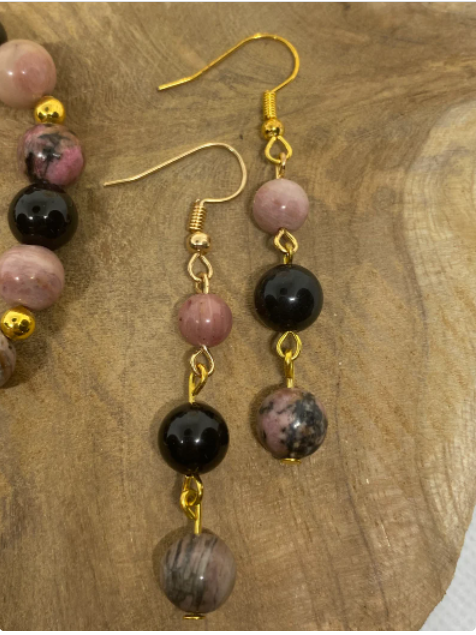 Parure 2 pièces Bracelet et Boucles d'oreilles en Pierres naturelles Obsidienne noire, Rhodochrosite et Rhodonite