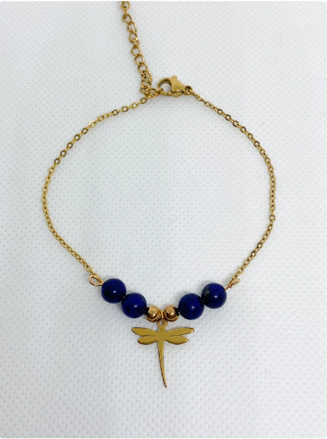 Bracelet acier inoxydable en pierres naturelles Lapis Lazuli avec libellule