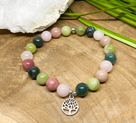 Bracelet Lithothérapie en pierres naturelles Agate mousse, Péridot, Quartz rose et rhodochrosite