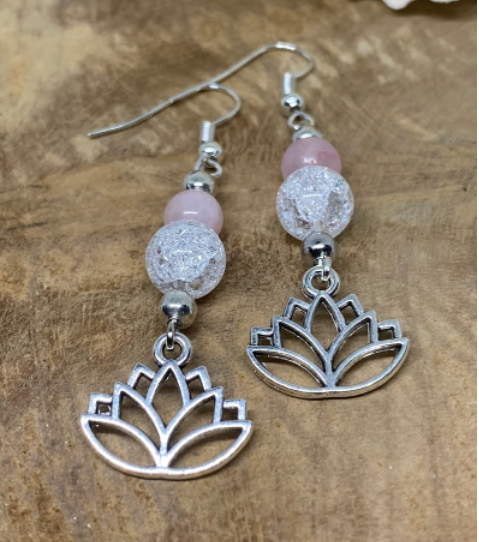 Boucles d'oreilles en pierre naturelle Quartz rose et Cristal de roche