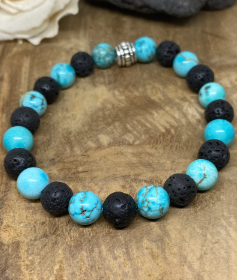Bracelet élastique en pierres naturelles Howlite turquoise et pierre de lave