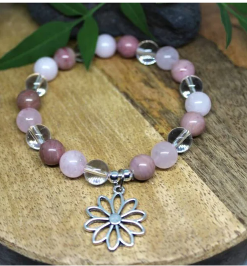Bracelet en pierres naturelles Rhodochrosite, Quartz rose et Cristal de roche