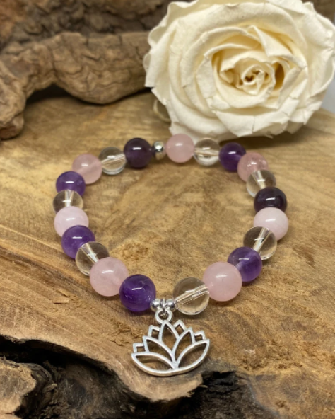 bracelet anti stress pierre naturelle améthyste, quartz rose, cristal de roche