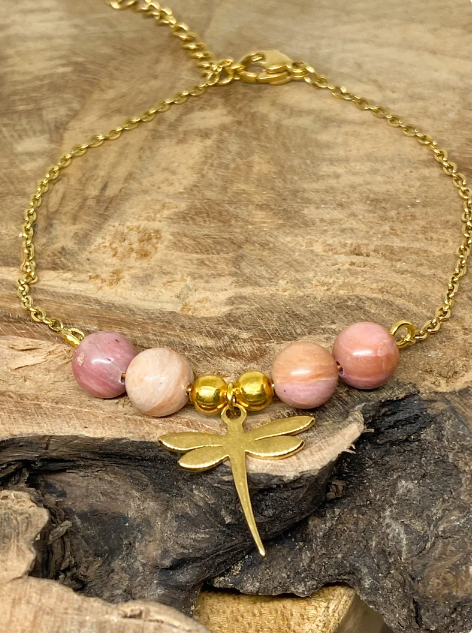 Bracelet acier inoxydable en pierres naturelles Rhodochrosite avec libellule