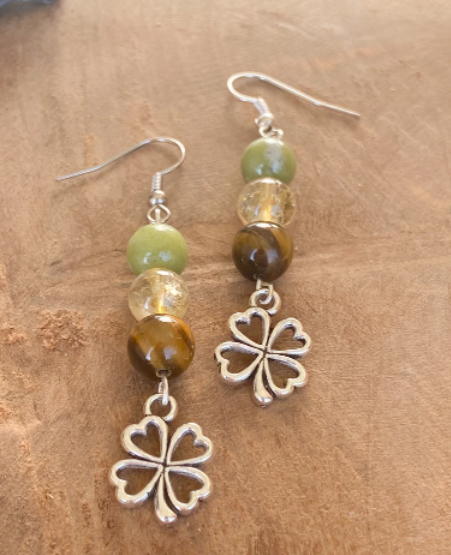 Boucles d'oreilles en pierre naturelle Citrine, jade néphritique et Œil de tigre