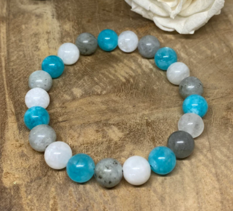 Bracelet Lithothérapie en pierres naturelles Amazonite, Pierre de lune et Labradorite