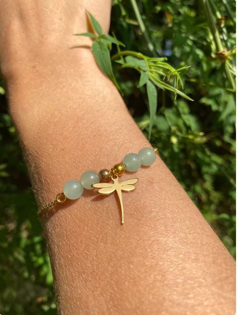 Bracelet acier inoxydable en pierres naturelles Aventurine avec libellule