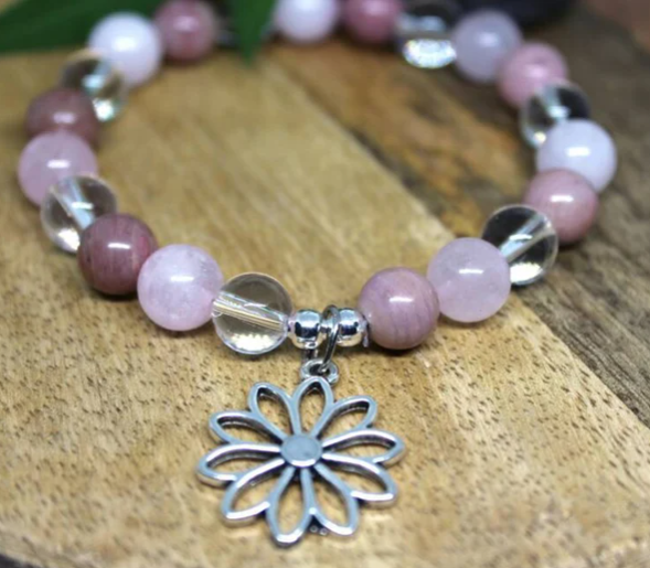 Bracelet en pierres naturelles Rhodochrosite, Quartz rose et Cristal de roche