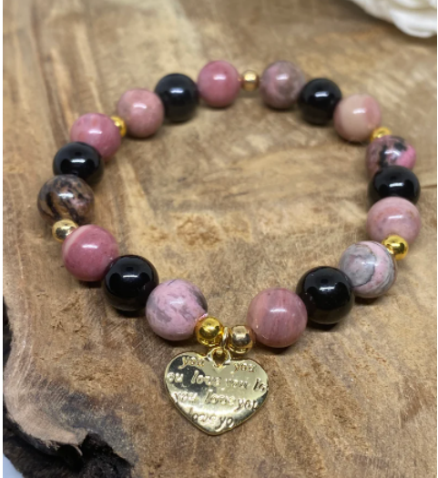 Parure 2 pièces Bracelet et Boucles d'oreilles en Pierres naturelles Obsidienne noire, Rhodochrosite et Rhodonite