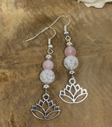 Boucles d'oreilles en pierre naturelle Quartz rose et Cristal de roche