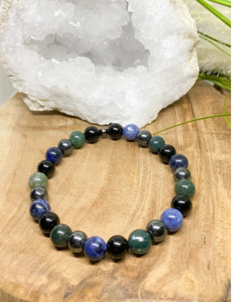 Bracelet en pierres naturelles en Hématite, Sodalite et Agate mousse
