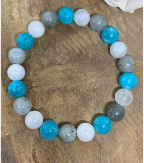 Bracelet Lithothérapie en pierres naturelles Amazonite, Pierre de lune et Labradorite