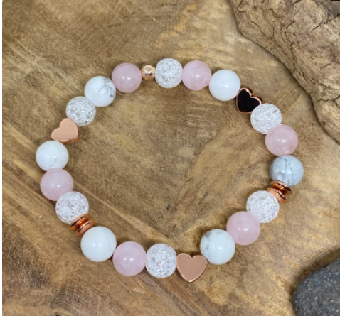Bracelet pierres naturelles en Quartz rose, howlite et Cristal de roche