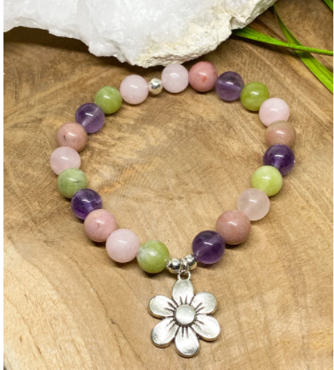 Bracelet Lithothérapie en pierres naturelles Améthyste, Péridot , quartz rose