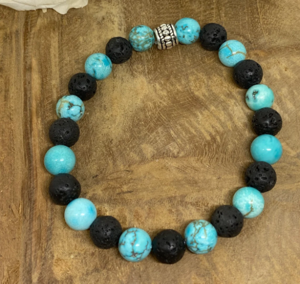 Bracelet élastique en pierres naturelles Howlite turquoise et pierre de lave