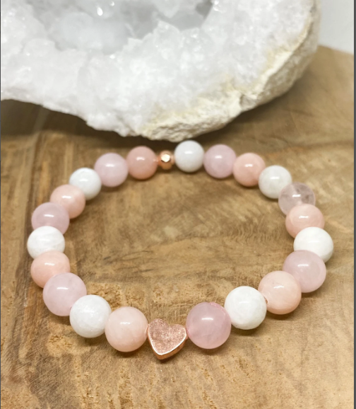 Bracelet en pierres naturelles Pierre de lune , Pierre de soleil et Quartz rose