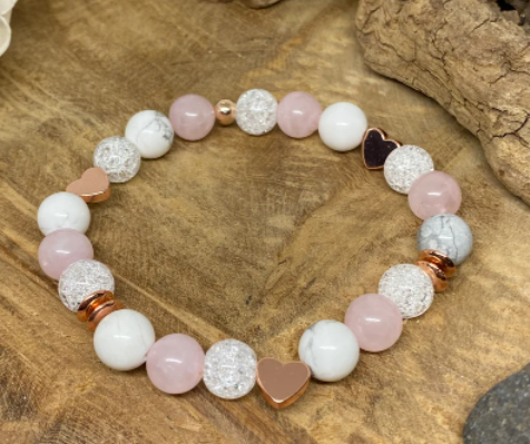 Bracelet pierres naturelles en Quartz rose, howlite et Cristal de roche