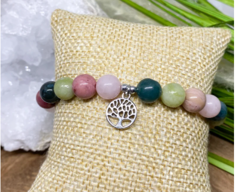 Bracelet Lithothérapie en pierres naturelles Agate mousse, Péridot, Quartz rose et rhodochrosite