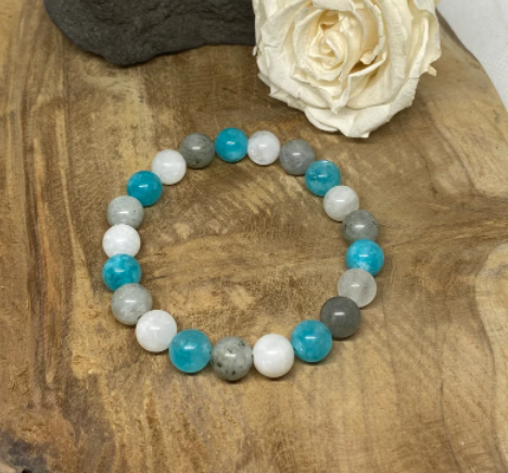 Bracelet Lithothérapie en pierres naturelles Amazonite, Pierre de lune et Labradorite