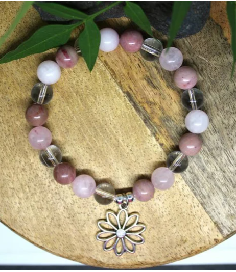 Bracelet en pierres naturelles Rhodochrosite, Quartz rose et Cristal de roche