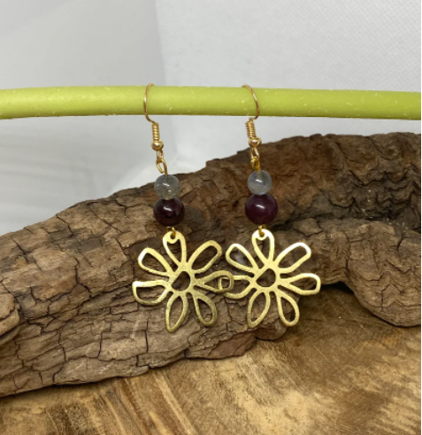 Boucles d'oreilles fleur en pierre naturelle Grenat et Labradorite