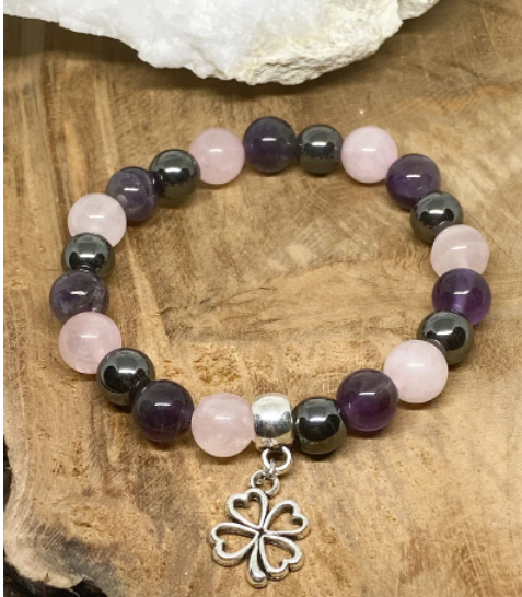 Bracelet sommeil en améthyste, quartz rose et hématite