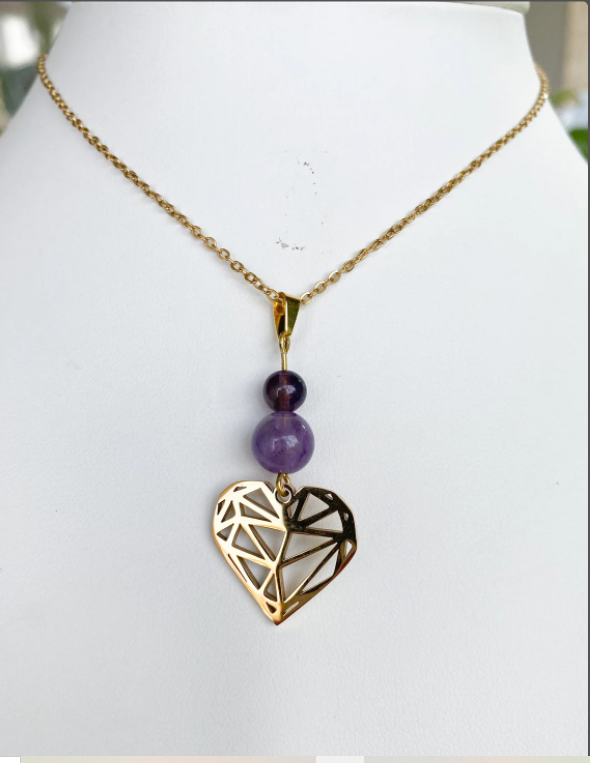 Collier Cœur Améthyste Naturelle - Acier Inoxydable Argenté - Pierre de Naissance Février