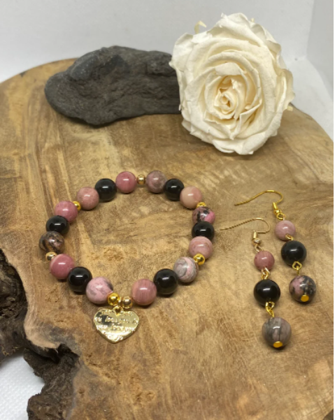 Parure 2 pièces Bracelet et Boucles d'oreilles en Pierres naturelles Obsidienne noire, Rhodochrosite et Rhodonite