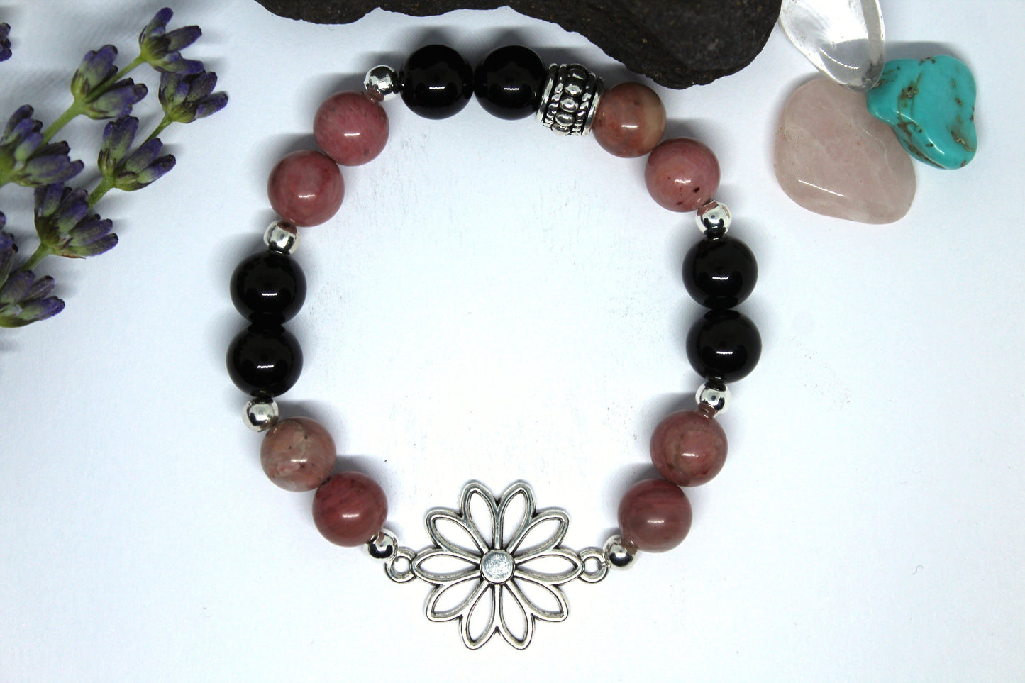 Bracelet en pierres naturelles , Rhodochrosite et Obsidienne noir