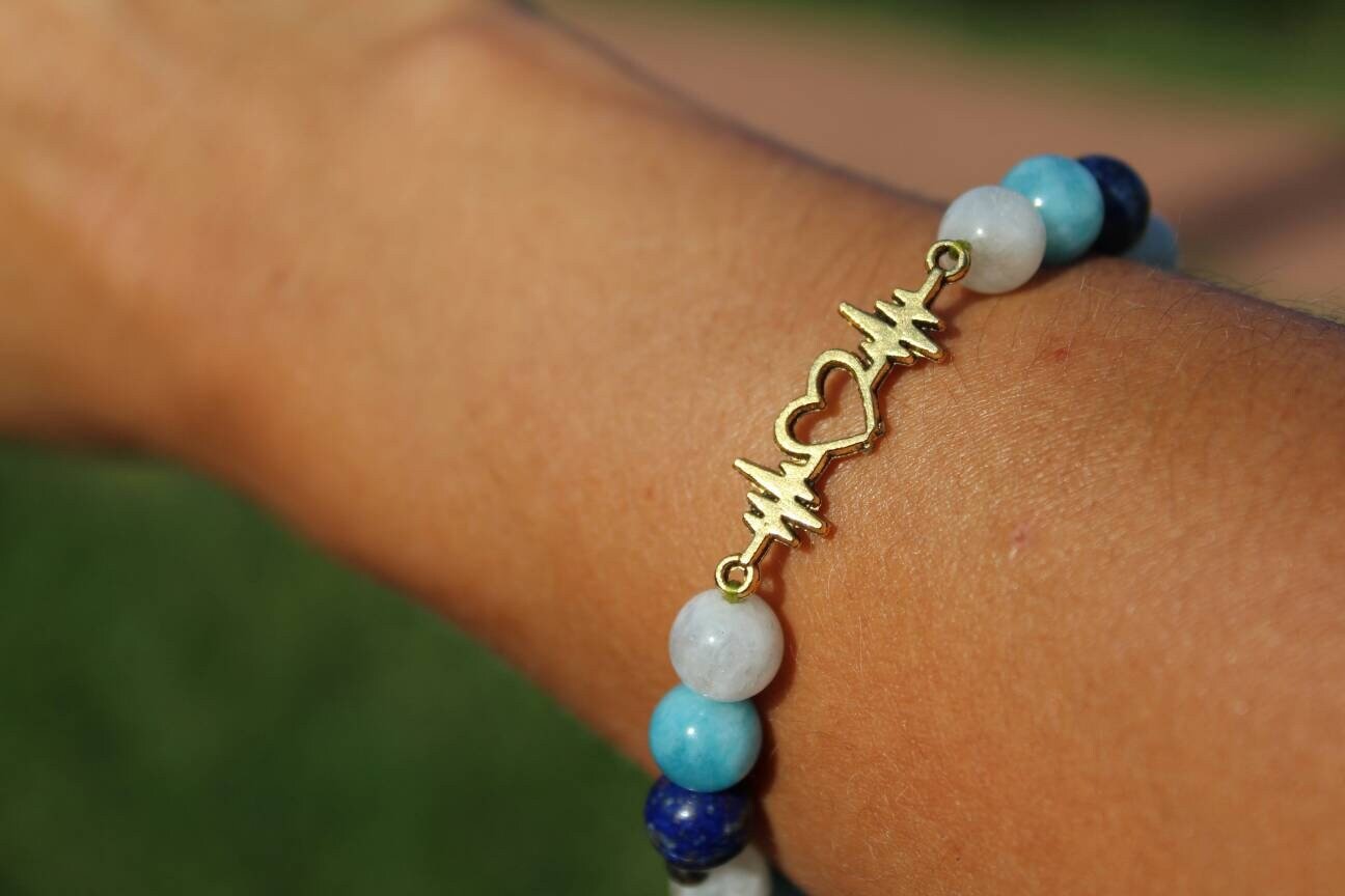 Bracelet élastique en pierres naturelles Aigue marine, Pierre de lune , Lapis lazuli