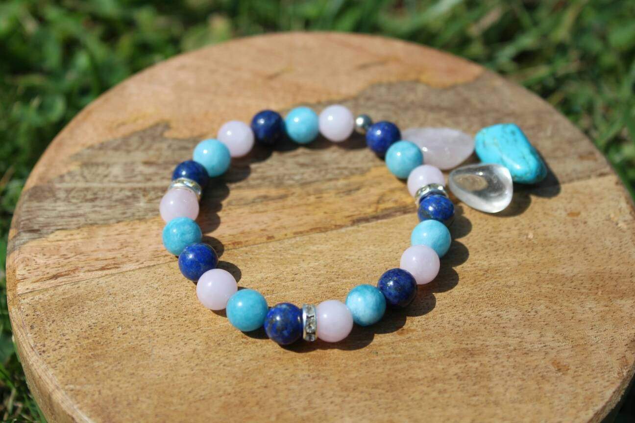 Bracelet en pierres naturelles Aigue marine, Quartz rose, Lapis lazuli "Spécial Burn-out"