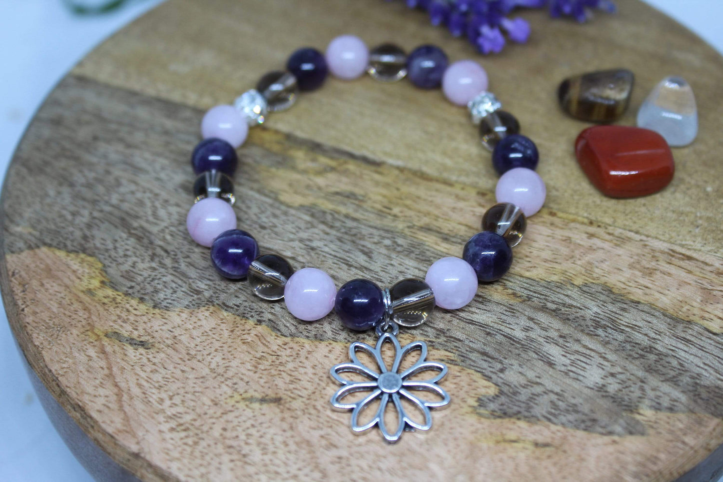 Bracelet sérénité en pierres naturelles quartz rose , améthyste et quartz fumé