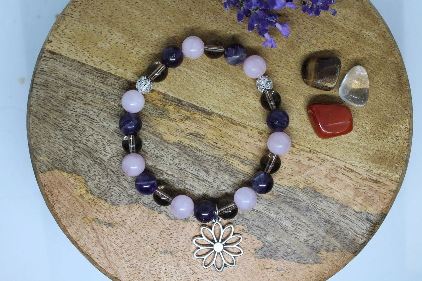 lithothérapie anti stress, quartz rose, améthyste, quartz fumé