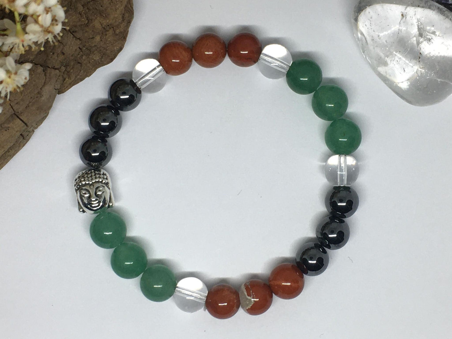 Bracelet en pierres naturelles Jaspe Rouge , Hématite, Aventurine, Cristal de Roche