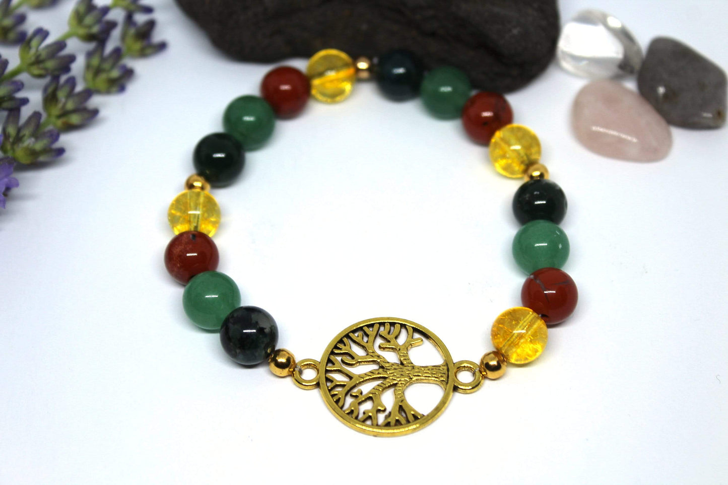 Bracelet en pierres naturelles Citrine , Agate mousse , Aventurine , Jaspe Rouge " Spécial Maladie de Crohn "
