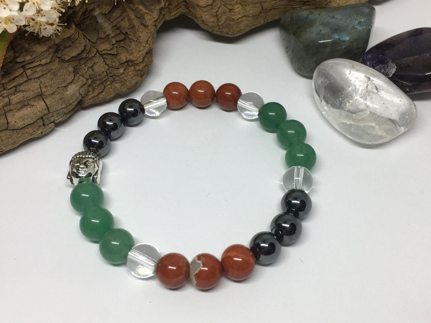 Bracelet en pierres naturelles Jaspe Rouge , Hématite, Aventurine, Cristal de Roche