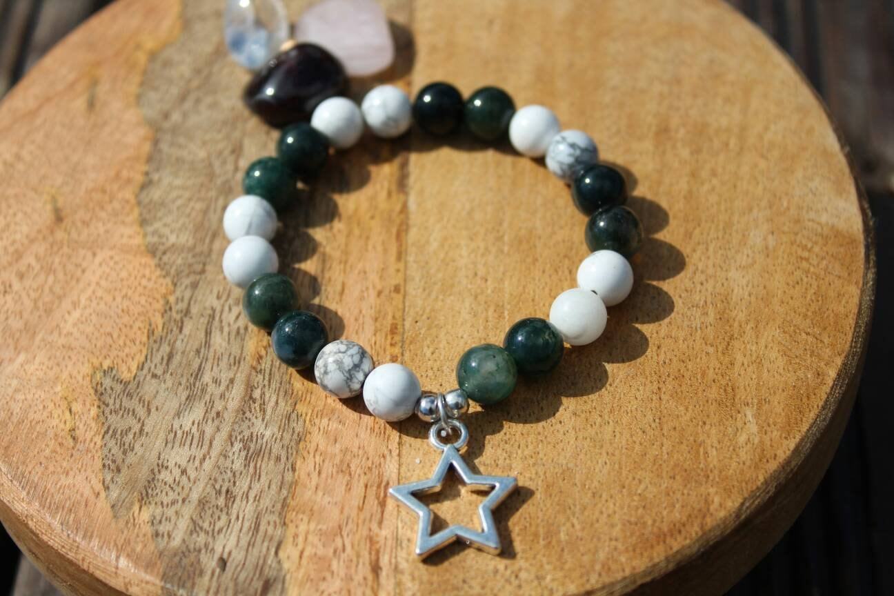 Bracelet pierres naturelles en Agate mousse et howlite